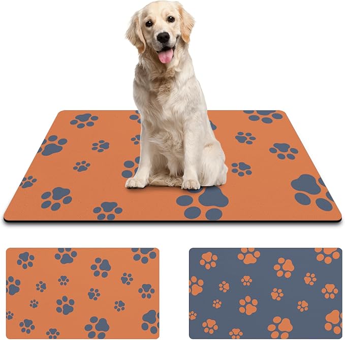 12"×20" Dog Food Mat-Absorbent Dog Mat for Food and Water, No Stains Quick Dry Cat Bowl Mat Non Skid Feeding Mat with Footprints for Messy Drinkers Orange