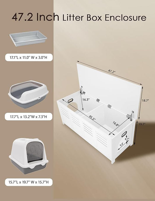 DINZI LVJ Litter Box Enclosure Furniture for 2 Cats, Top Opening Hidden Litter Box with Double Rooms, Dual Cat House with Good Ventilation, 47.2" Wooden Cat Washroom, White