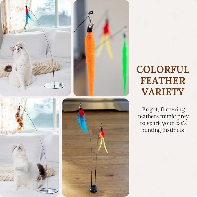 Cat Wand Toy Cat Fishing Pole Toy Cats Feather Toys Suction Cup for Indoor Cats Teaser Wand Feather Attachments Multisurface Base
