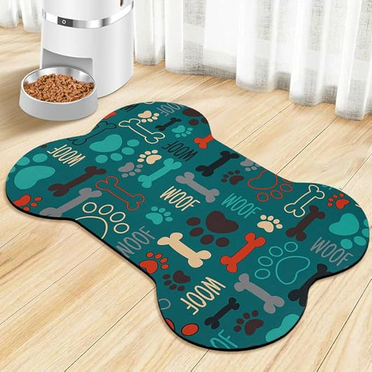 Dog Food Mats for Floors Waterproof, Pet Feeding Absorbent Water Bowl Mat Cat Placemats Green Bone Shape 19 * 12 inch