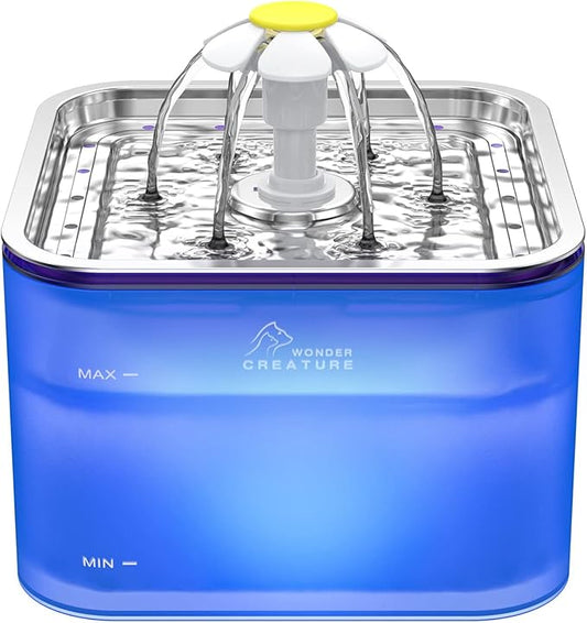 Crystal Cat Water Fountain Stainless Steel, 101oz/3L Pet Fountain with LED Light for Cats and Dogs (Blue)