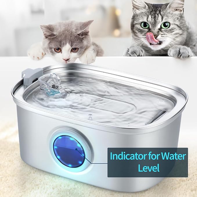 Cat Water Fountain Stainless Steel, 0.8gal/108oz Pet Water Fountain with Water Level Indicator and 3 Filters, Cat Fountain with Quiet Pump Ideal for Cats, Dogs and Multi-pet households