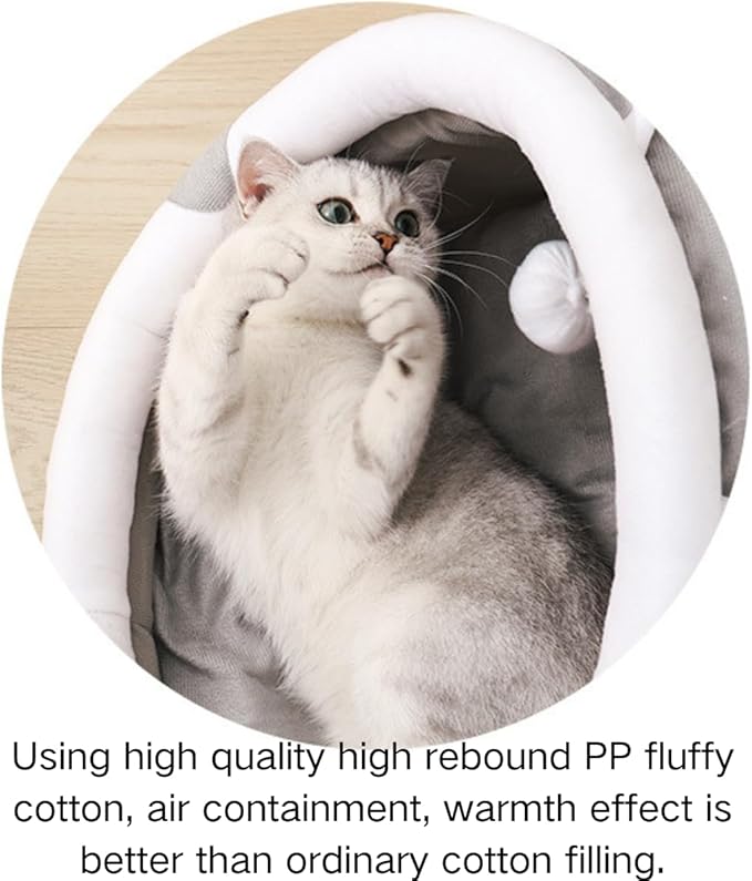 Cat Bed Cave with Removable Cushion, Indoor Pets Plush House Bed with Pompom for Small Dogs Cats Kitten Puppy Rabbits (Grey,M)