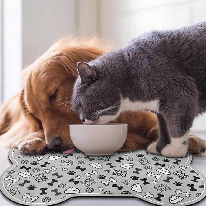 Dog Food Mats for Floors Waterproof, Pet Feeding Absorbent Water Bowl Mat Cat Placemats Gray Bone Shape 23.6 * 15.7 inch
