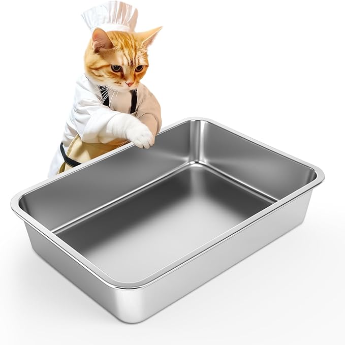 IKITCHEN Stainless Steel Cat Litter Box, Large Metal Litter Pan for Cats, Kitty Litter Box Never Absorbs Odors, Low Side Entry Non Stick, Easy Clean 17.5 x 13.5 x 4 inches