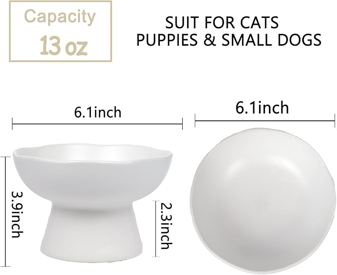 6.1" Wide 1.57" Deep Elevated Cat Water Bowls, Ceramic Raised Food Plate,Cat Feeder,Anti Vomiting Whisker Fatigue,White