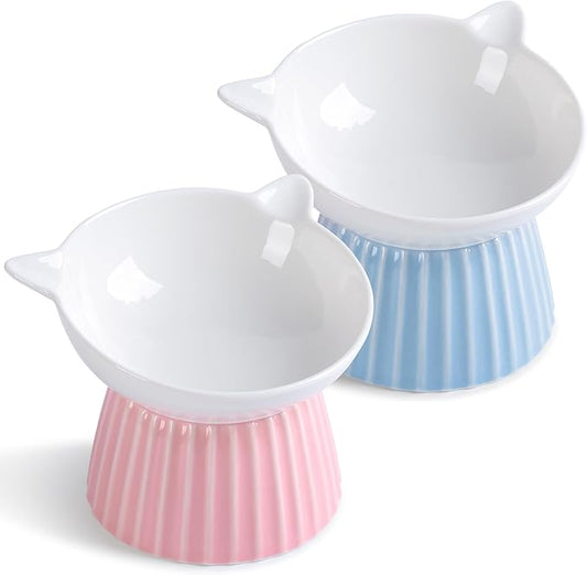 Ceramic Raised Cat Bowl,Tilted Raised Bowl Anti Vomit Bowls for Indoor Cats Whisker Friendly Pet Feeder for Cats Puppies, Microwave and Dishwasher Safe