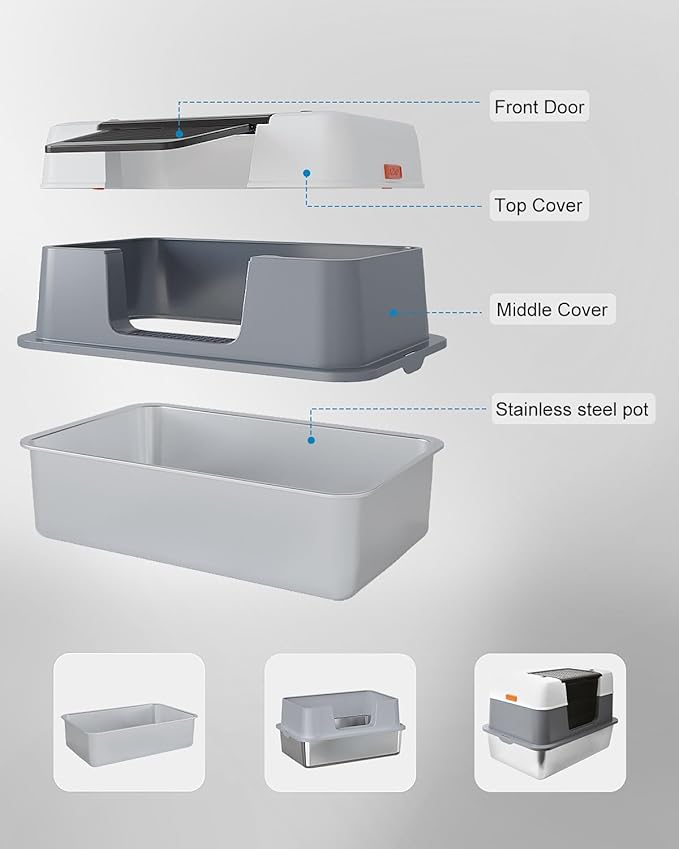 Stainless Steel Cat Litter Box Enclosed with Lid,Covered Metal Kitty Litter Box with Litter Mat and Odor Reduction Pack(2kg), Metal Scoop,Switchable Design, Easy Clean,Odor-Control, Leak-Proof