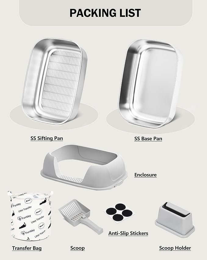 Stainless Steel Sifting Litter Box with Lid, Metal Litter Pan Tray with Scoop for Big Cats & Multi Cat, Extra Large Cats Litterbox Odor Control, Easy Clean (with Enclosure & Step, X-Large)