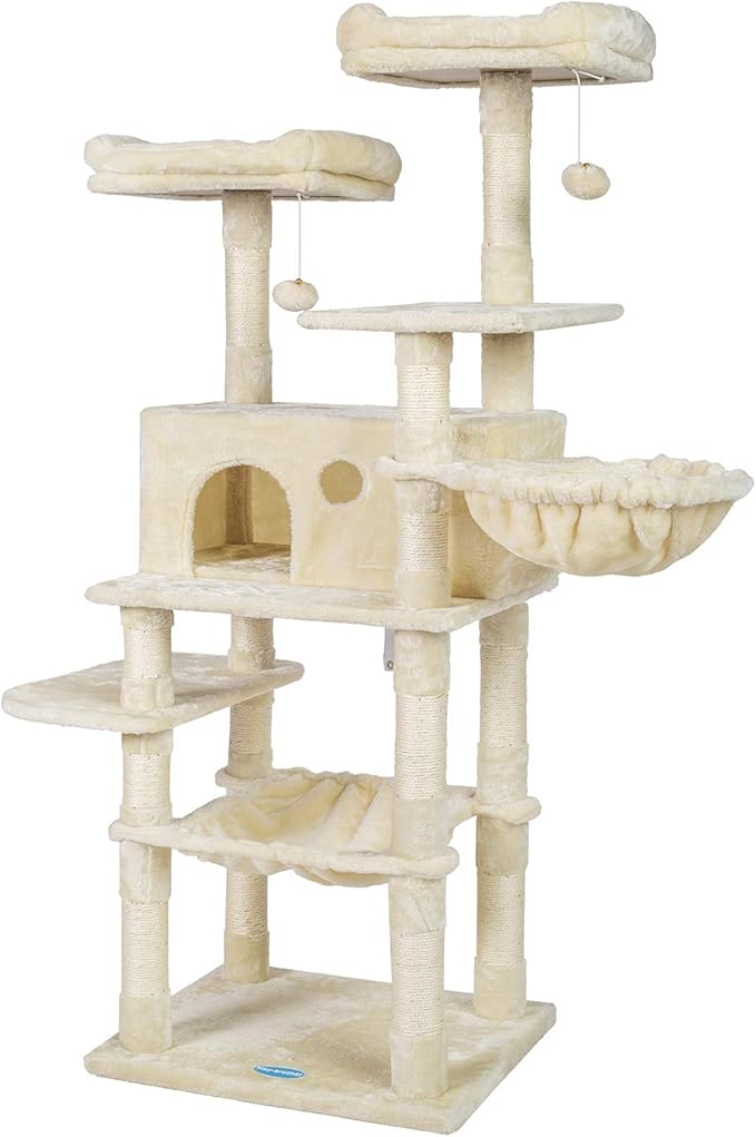 Hey-brother Cat Tree for Large Cats, Cat Tower with Scratching Posts, 2 Padded Plush Perches, Big Condo and Cozy Basket, Beige MPJ025M