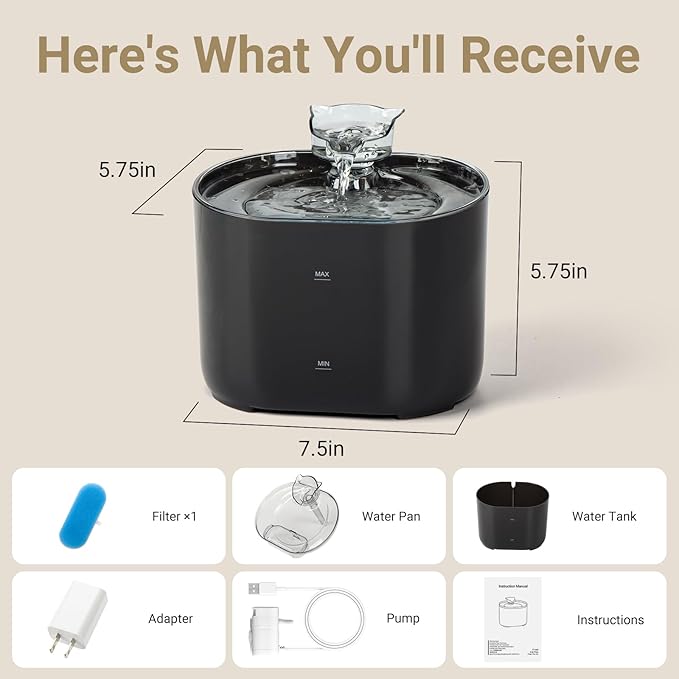 Meill Cat Water Fountain, 75Oz/2.2L Dog Water Bowl Dispenser with Filter Indoor for Small Pets, Automatic Shut-Off for Low Water Level, Water Level Visible, Ultra-Silent, Plug-in, Black