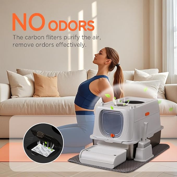 Citylife Stainless Steel Cat Litter Box with Lid, Front & Top Entry Extra Large Metal Kitty Litter Box Enclosure with Scoop & Double Layer Mat, Anti-Leakage, Non-Sticky, Light Grey