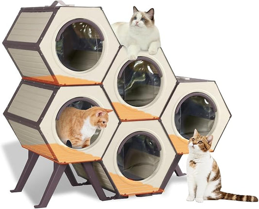 Heated Cat House for Outdoor Winter,Combined Cat Condo with Adjustable Temperature and Time, Insulated Outdoor or Indoor Cat Shelter for Feral with Escape Door (White and Brown, 5 Sets)