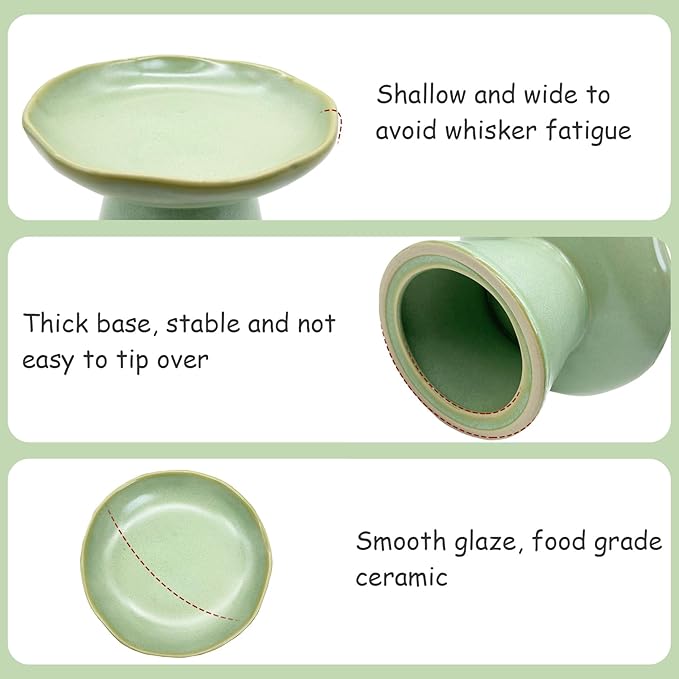 VCEPJH Elevated Shallow Cat Bowls 6.1in Ceramic Cat Food Plate Pack of 2 Raised Cats Dish Flat Anti Whisker Fatigue Wide Pet Food & Water Feeder for Indoor Kitty Kitten (Green)