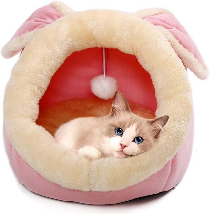 Lcybem Cat Beds for Indoor Cats - Rabbit-Shaped Cat Cave Bed with Hanging Toy,Super Soft Calming cat Tent for Kitten&Puppy,Small Dog,Warm Plush&Machine Washable&Removable Cotton Pad (Pink L)