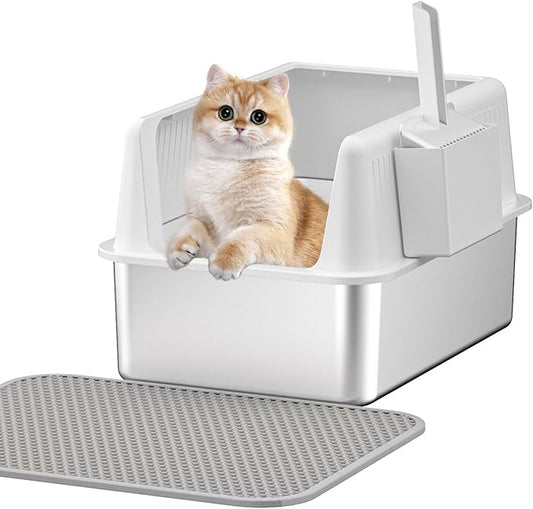 Stainless Steel Cat Litter Box with Lid,XL,19.7”L x 13.8”W x 11.8”H Deep,Metal Litter Box with High Side,for Small and Large Cats,with a Scoop and Scoop Storage Box Litter Mat Double,Easy Cleaning