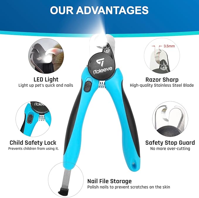 LED Dog Nail Clipper with Light, Illuminates Nails or Bloodline for Safe and Easy Trimmers, Extra Sharp for Thick Nails, Quick Sensor, Avoid Over Cutting Toenail, for Cats & Dogs