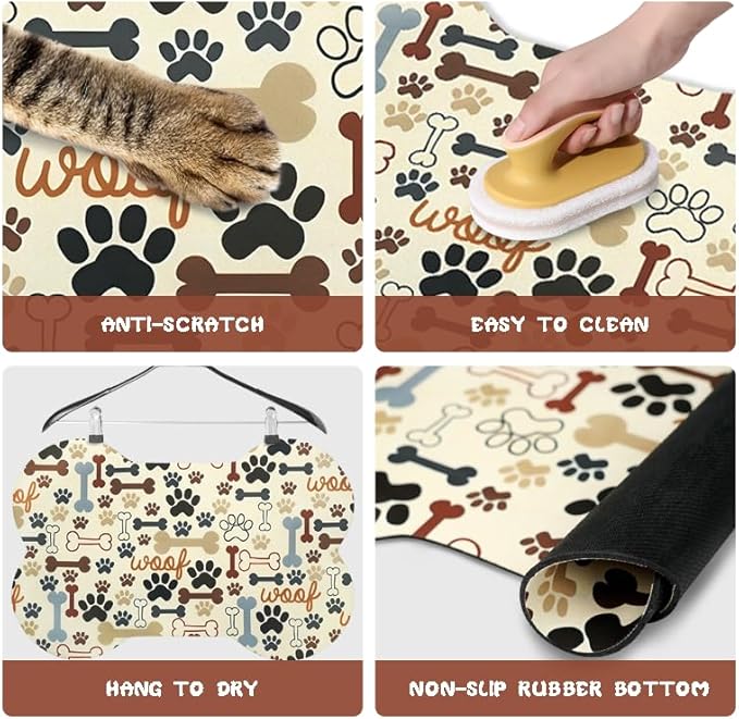 Dog Food Mats for Floors Waterproof, Pet Feeding Absorbent Water Bowl Mat Cat Placemats Beige Bone Shape 25.5 * 17 inch