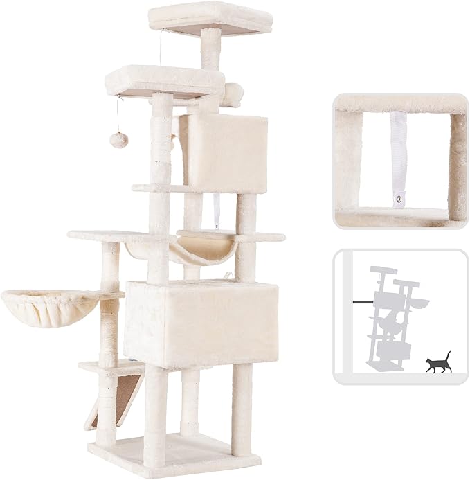 Hey-brother Cat Tree, 71 inches XL Large Cat Tower for Indoor Cats, Multi-Level Cat House with 3 Padded Perches, Big Scratcher, Cozy Basket, 2 Cat Condos and Scratching Posts, Beige MPJ034M