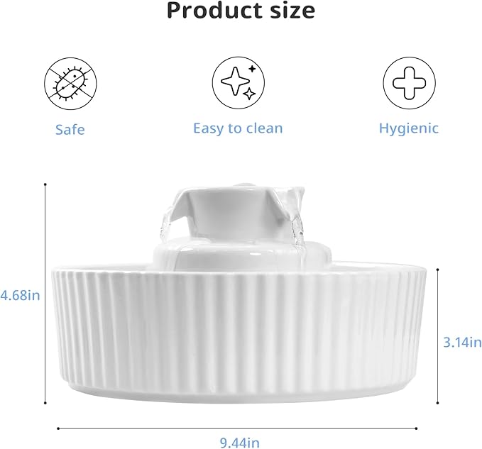 Ceramic Cat Water Fountain, 2.1L/71oz Cupcake Pet Water Fountain for Cats and Dogs, Ultra-Quiet Pump Pet Fountain with Replacement Filter and Foam (White)