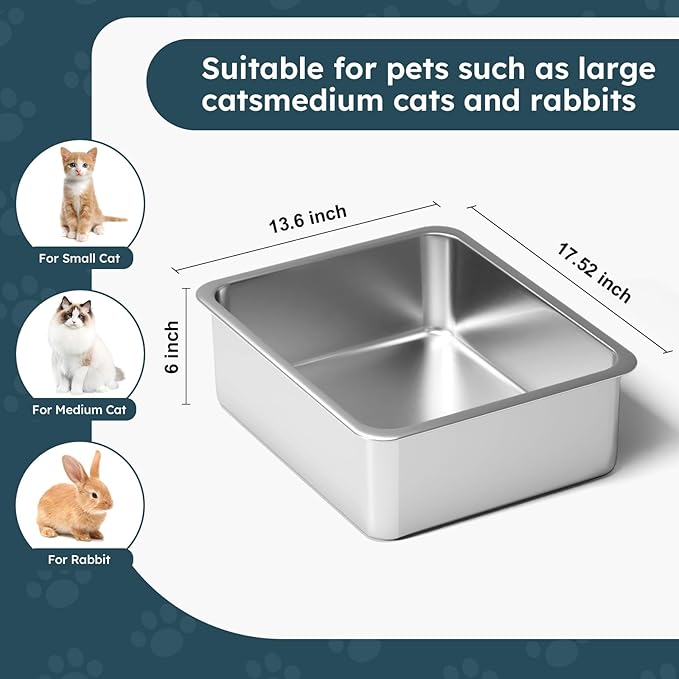 Stainless Steel Cat Litter Box - Metal High-Sided Litter Pan for Cats, Rabbits, and Pets, Non-Stick, Odor-Free, Easy to Clean, Splash-Proof, Sturdy and Durable Indoor Cat Toilet Supplies