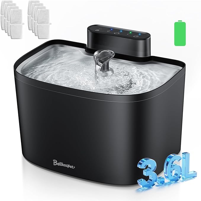 Cat Water Fountain, 122oz/3.6L Pumpless Cat Fountain, Cordless Water Fountains for Cats Indoor, Dog Pet Water Fountain Battery Operated with Stainless Steel Tray (Black, Fountain+8 Fliters)