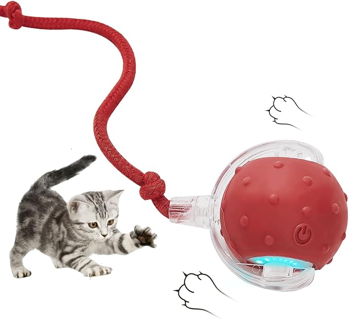 Electric Interactive Cat Toy Ball - Automatic Rolling Silicone Cat Toys for Indoor Cats, Durable Chew-Proof Motorized Kitty Ball with LED Light, Fun Exercise Toys for Bored Kittens(red)