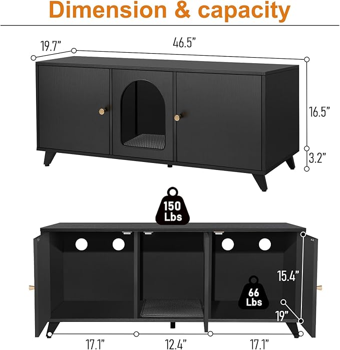 Cat Litter Box Enclosure for 2 Cats, Modern Hidden Litter Box Furniture with Double Room, Large Cat House Washroom Cabinet with Scratche Pad, 46.5" x 19.7" x 19.7" (Black)