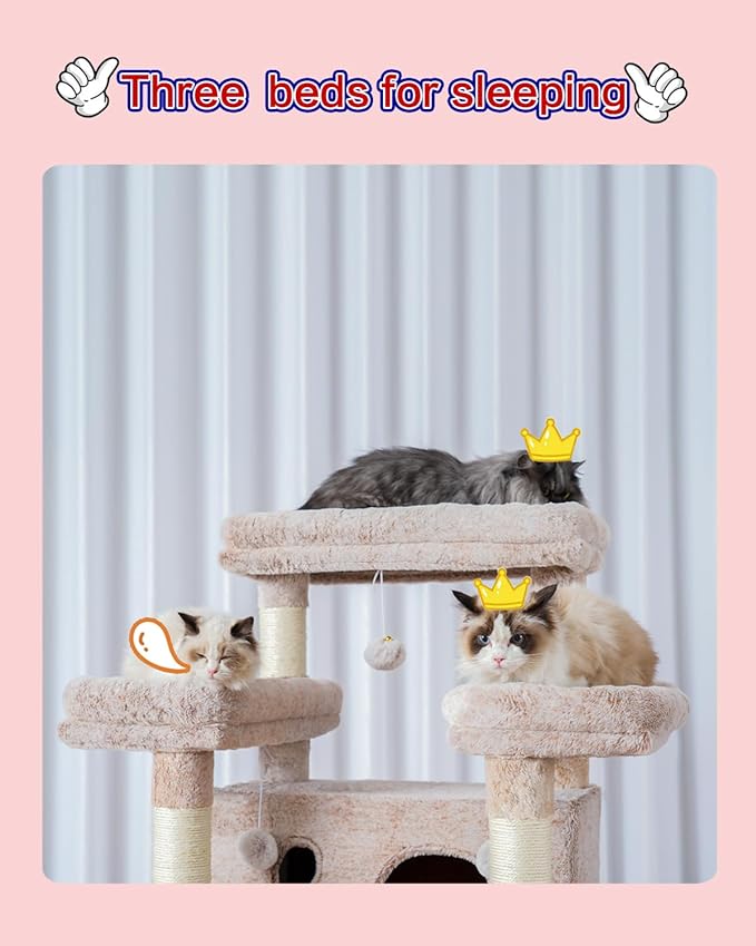 Cat Tree for Indoor Cats Large Adult, 74" Cat Tower with 3 Big Platforms, 2 Baskets, 2 Condos, Multi-Level Cat Scratching Posts, Muchroom GCT030MU