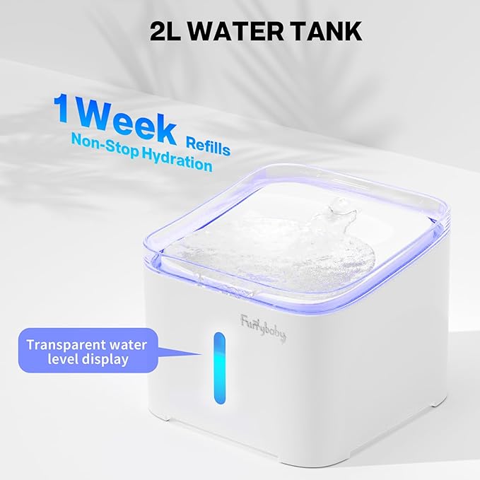 furrybaby Cat Water Fountain Quiet,67oz/2.0L Water Fountains for Cats Indoor with LED Light and Water Level Window,Small Pet Water Dispenser - Pure White 