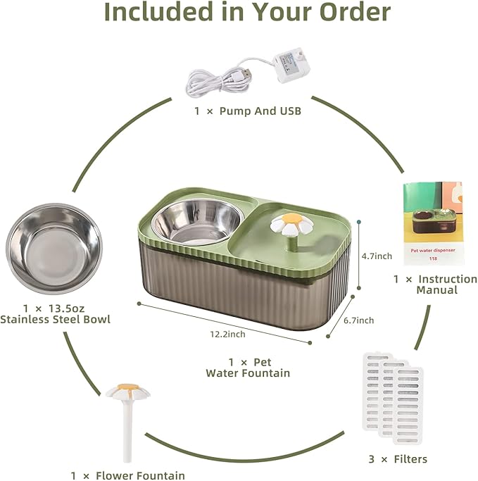 Cat Water Fountain and Food Bowl, 3L/101oz Ultra Quiet Pet Water Dispenser with Smart Pump and 3 Replacement Filters, Automatic Flower Fountain & Stainless Steel Bowl (Black & Green)