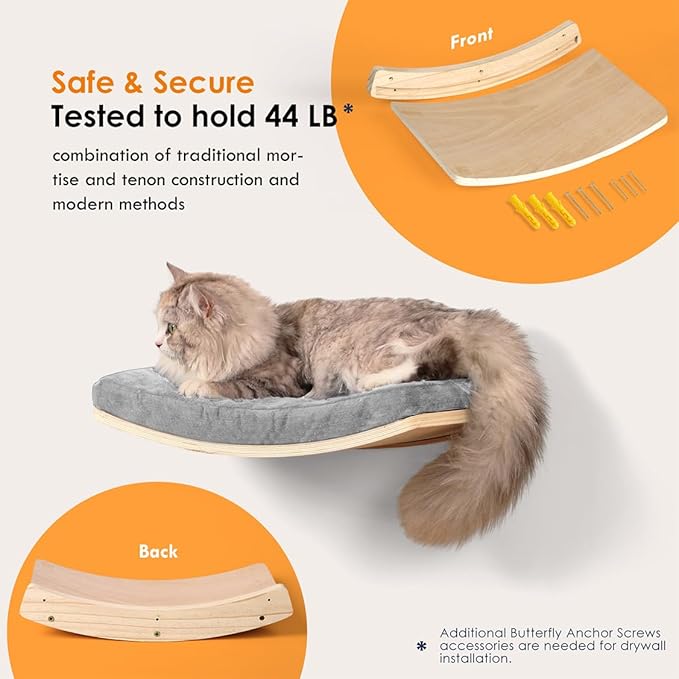 Curved Cat Shelves and Perches, Floating Cat Wall Bed with Comfortable Cushion