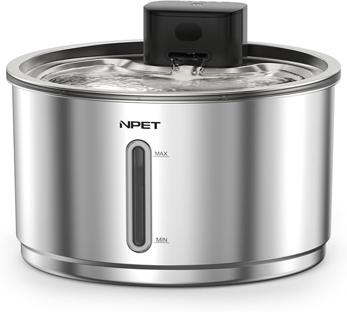 NPET Stainless Steel Wireless Cat Fountain, 1Gallon/4L Battery Operated Automatic Pet Drinking Fountain - Cordless Dog Water Dispenser with Water Level Window for Cats Indoor