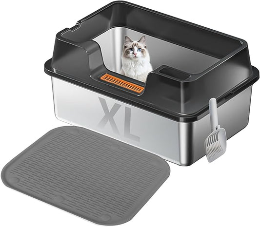 XL Stainless Steel Litter Box with Lid - 23.7"×15.7"×10.6" High Sided Metal Tray for Big/Multi-Cats, Anti-Leak Easy Clean Scoop & Foot Mat (Black)