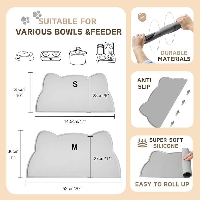 Cat Food Mat, Silicone Pet Feeding Mat for Floor Non-Slip Waterproof Dog Water Bowl Tray Cushion (20" x 12", Light Gray)