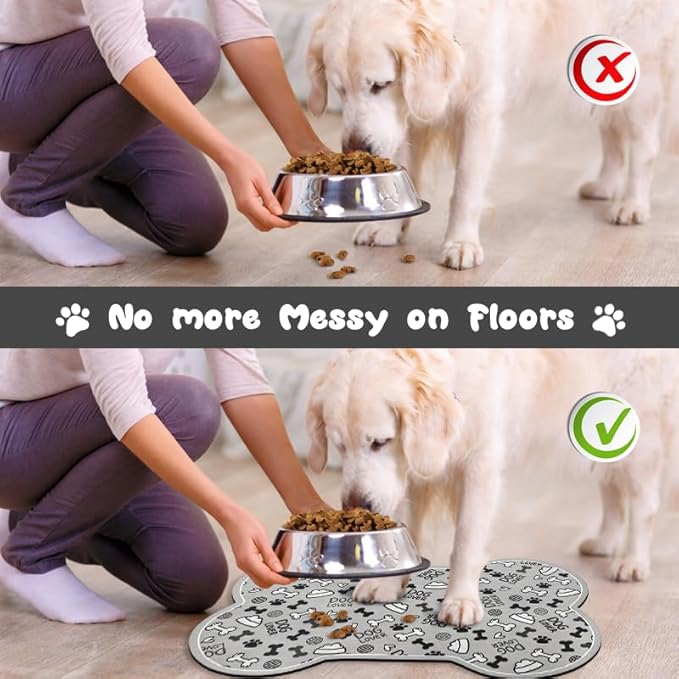 Dog Food Mats for Floors Waterproof, Pet Feeding Absorbent Water Bowl Mat Cat Placemats Gray Bone Shape 23.6 * 15.7 inch
