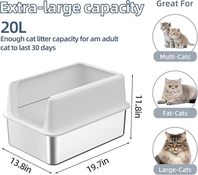Stainless Steel Cat Litter Box with Lid,XL,19.7” L x 13.8” W x 11.8”H Deep,Large Metal Litter Box with High Side,for Small and Large Cats,Anti-Leakage Non-Sticky Easy Cleaning Include Litter Scoop