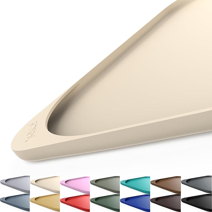 Silicone Pet Feeding Mat with Raised Edge & Residue Collection Pocket for Food and Water, Dog Bowl Mats, Cat Bowls Placemat with High Lip for Floor Waterproof, 24 x 16 x 0.8 White Sand