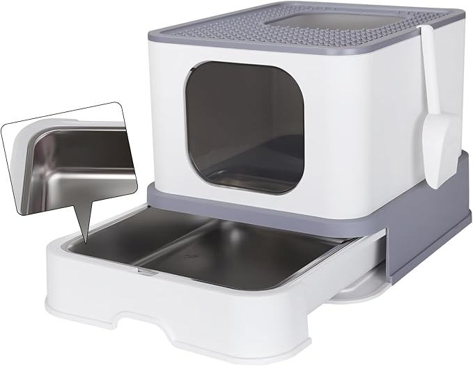 RIZZARI Stainless Steel Cat Box: Enclosed Design with High Walls - Light Gray - Large Litter Pan for Odor Control Indoors