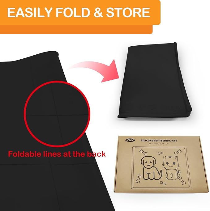 KVK Dog Water Mat 39.4×29.5in - Silicone Dog Mat for Food and Water Extra Large - Pet Food Mat for Floors Waterproof - Pet Feeding Mat Prevent Water Food Spills - Black