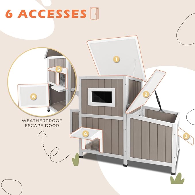 36.1" L Outdoor Cat House,2 Story Wooden Outdoor Cat Shelter with 3 Escape Doors,Weatherproof Fir Wood Feral Cat House with 2 Big Rest Room & Openable Asphalt Roof for 2-3 Cats
