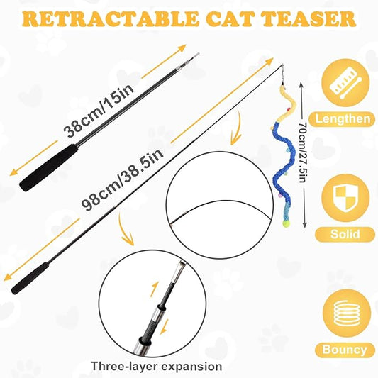 Cat Wand Toy, 8Pcs Retractable Plush Srtip Cat Teaser Wand Toys with Bell & String, Long Interactive Wand Toys for Indoor Kitten, Exercise
