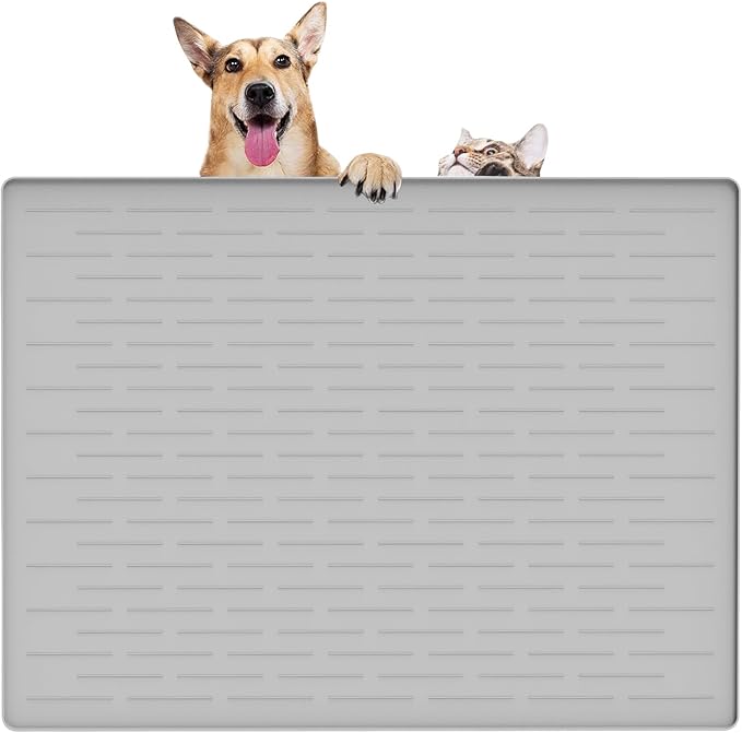 32" x 24" Large Pet Food Mat, Silicone Dog Mats for Food and Water, Nonslip Pet Feeding Mats for Floors,Dog Cat Bowl Mat with Raised Edges, Gray White