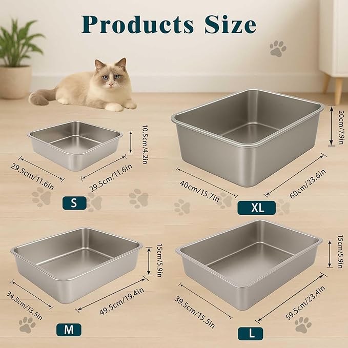 FELIO Stainless Steel Cat Litter Box - Medium Metal High Side Cats Pan, 19.4" L×13.5" W×5.9" H, Splash-Proof and Non-Stick Cat Poop Box odorless, Easy to Clean for Big Cats, Rabbit, Dog, Ferret