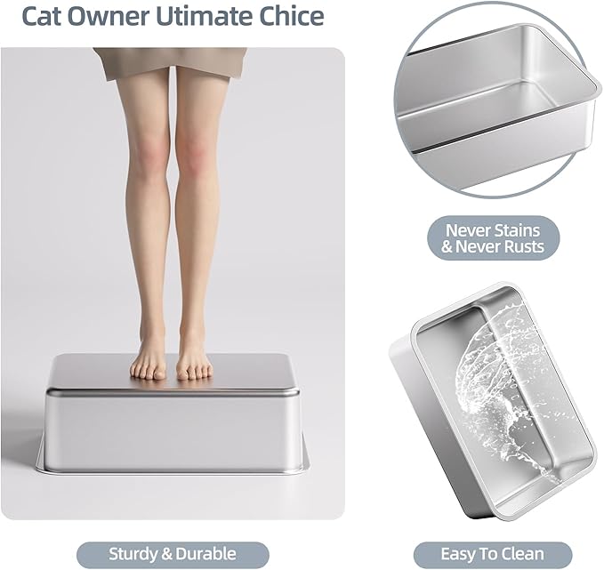 Stainless Steel Cat Litter Box with Lid,XL,19.7” L x 13.8” W x 11.8”H Deep,Large Metal Litter Box with High Side,for Small and Large Cats,Anti-Leakage Non-Sticky Easy Cleaning Include Litter Scoop