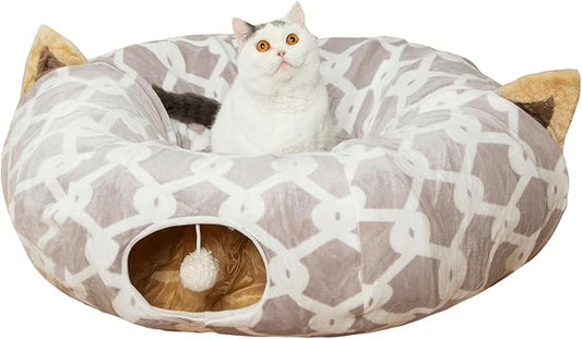 LUCKITTY Large Cat Tunnel Bed with Plush Cover,Fluffy Toy Balls, Small Cushion and Flexible Design- 10 inch Diameter, 3 ft Length- Great for Cats, and Small Dogs, Gray Geometric Figure