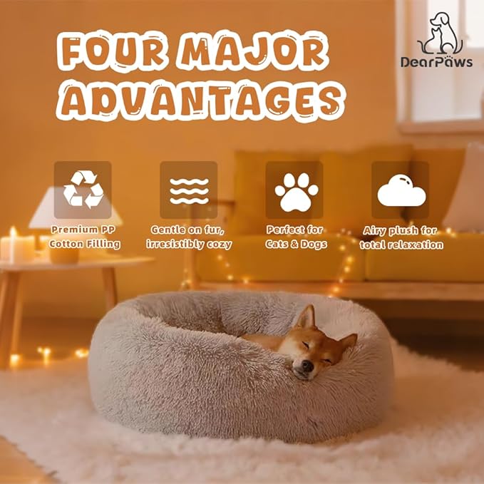 Comfy Dog Bed Large Size Dog - Donut Washable Large Pet Bed, 39 inches Anti-Slip Round Fluffy Plush Faux Fur Cat Bed, Fits up to 120 lbs Pets (Light Grey)
