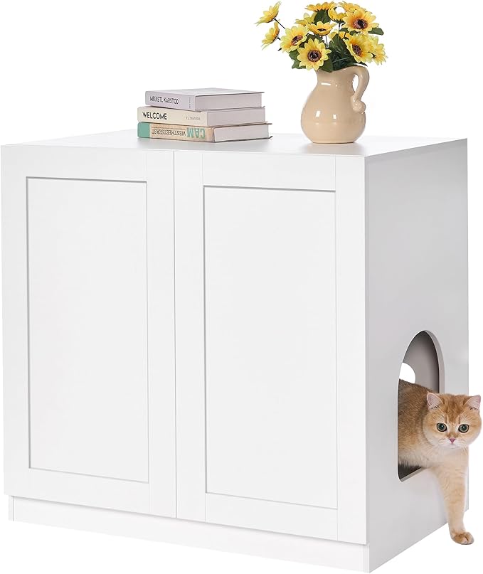 BEWISHOME Tall Litter Box Enclosure, Simple Hidden Litter Box Furniture with Removable Divider, Fit Most of Cat Litter Robot Indoor Pet House as Sideboard Cabinet White CMW12W