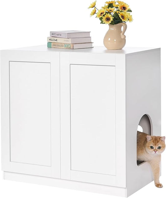 BEWISHOME Tall Litter Box Enclosure, Simple Hidden Litter Box Furniture with Removable Divider, Fit Most of Cat Litter Robot Indoor Pet House as Sideboard Cabinet White CMW12W