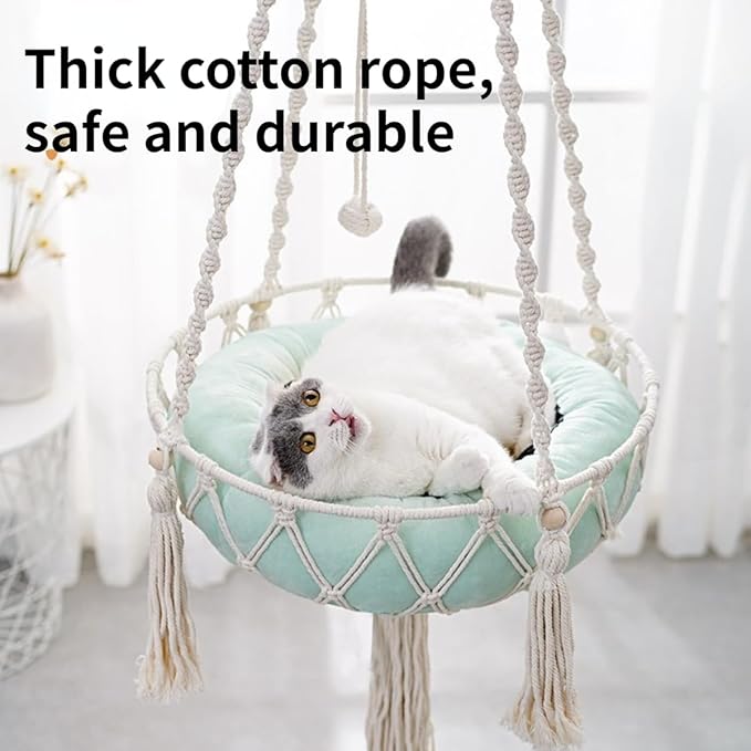 Cat Hammock, Handwoven Hanging Boho Cat Bed with Hanging Kit for Indoor Outdoor Home Decor Hang Cat Swing Beds with Cushion